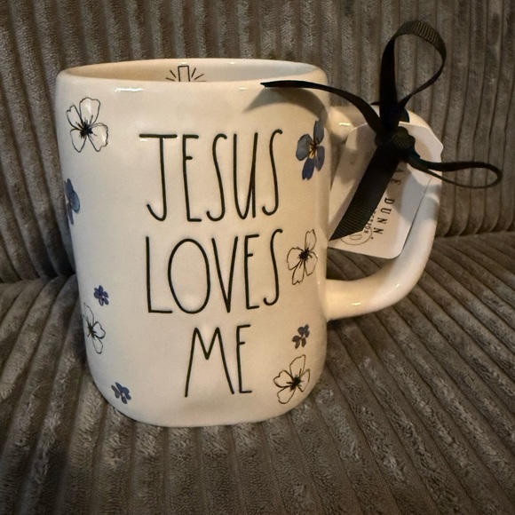 Rae Dunn White Mug with Blue Floral Accents - Jesus Loves Me - Picture 2 of 7